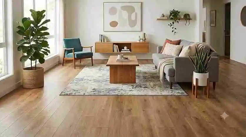 Sala de estar moderna e aconchegante com sofá cinza, tapete, plantas e piso vinílico autocolante amadeirado cobrindo todo o chão.