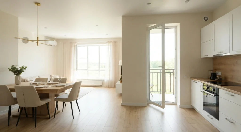 Ambiente integrado de sala e cozinha com portas e janelas abertas garantindo ventilação.