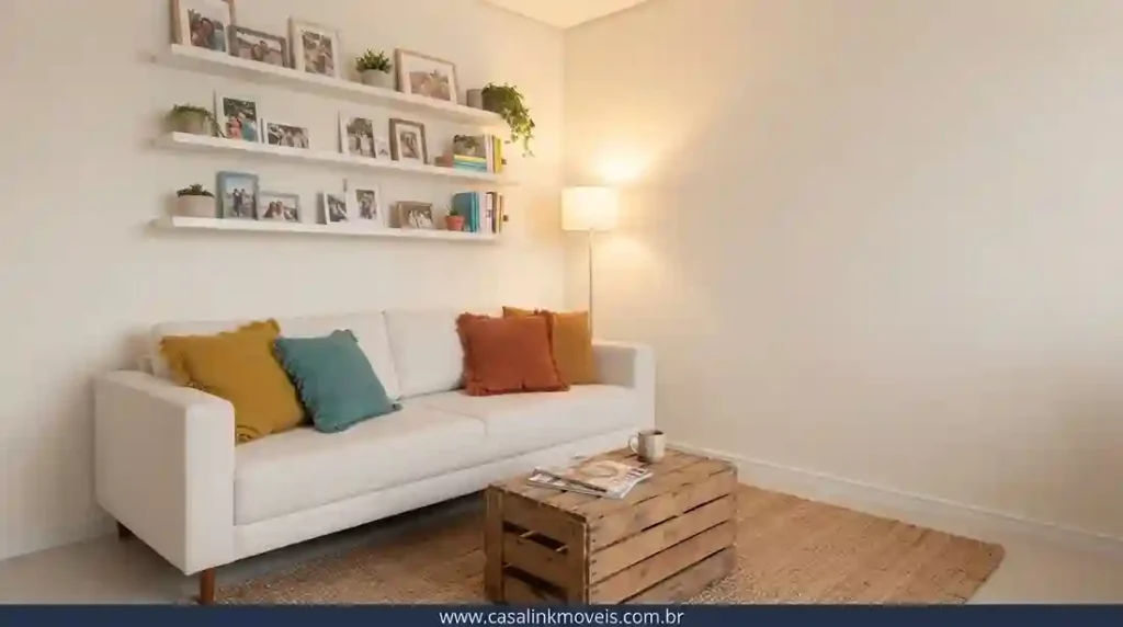 Decoração simples e econômica com sofá de segunda mão, almofadas coloridas, caixote de madeira como mesa de centro e prateleiras DIY.