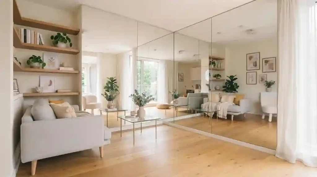 Sofá compacto de dois lugares em tecido cinza-claro com pés palito altos de madeira, deixando o piso totalmente visível em sala pequena.