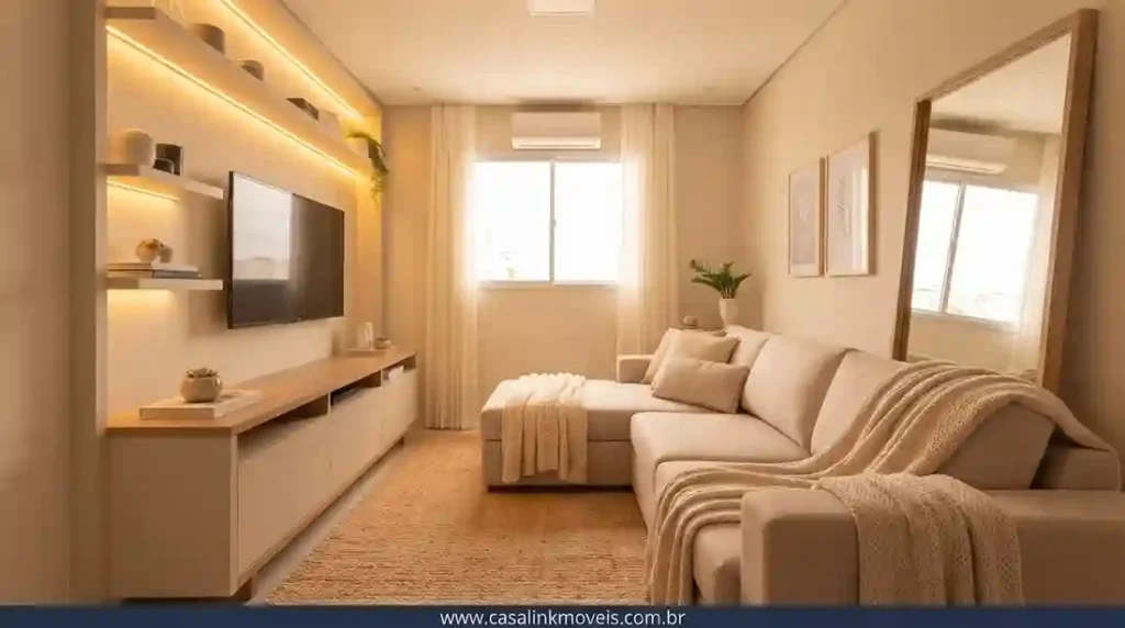 Vista ampla da sala de estar finalizada, organizada, com sofá em L, marcenaria planejada com fita de LED e o espelho refletindo a janela.