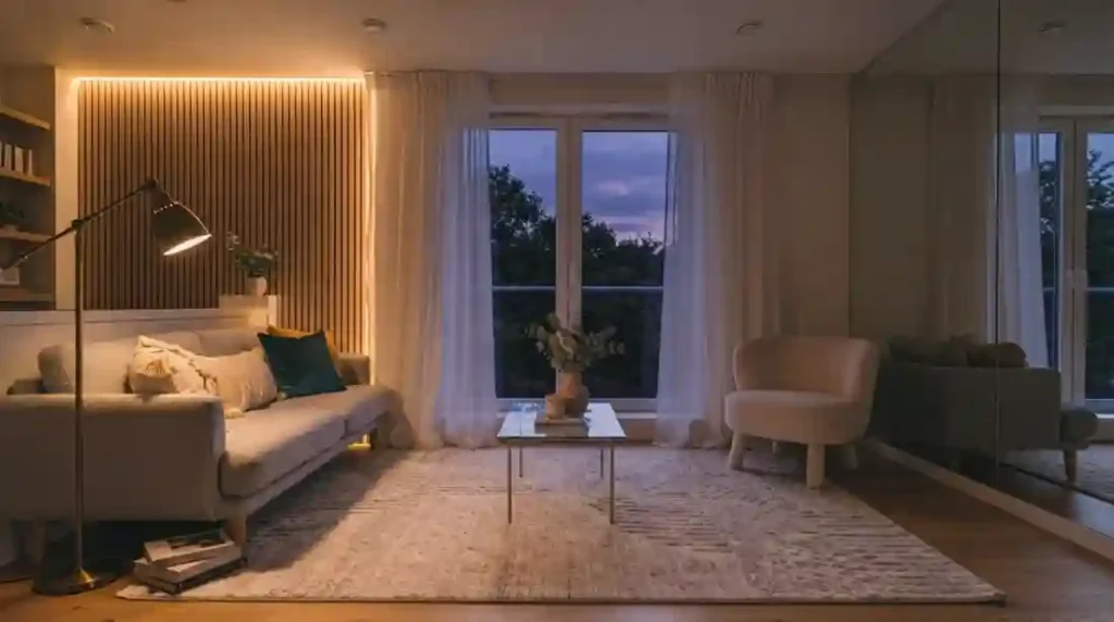 Sala de estar aconchegante ao anoitecer com iluminação de LED embutida no painel da TV e luminária de piso, destacando almofadas mostarda e azul-petróleo sobre sofá cinza.