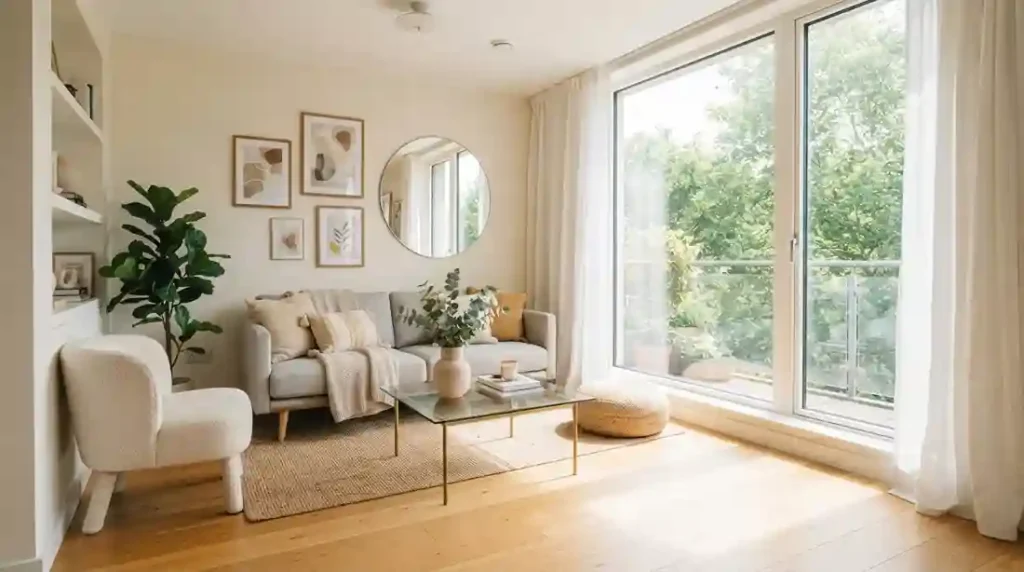 Sala de estar compacta e iluminada por luz natural que entra por uma grande janela com cortinas brancas, piso de madeira clara e paredes off-white. Decoração de sala.