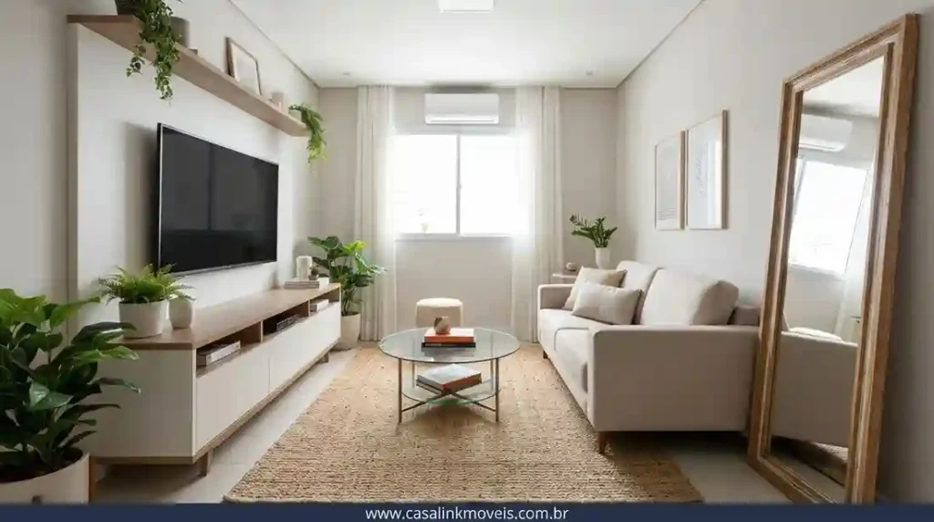 Fotografia de uma sala de estar pequena, moderna e aconchegante, com sofá claro, tapete de juta e espelho refletindo luz natural. Como Decorar uma Sala Pequena
