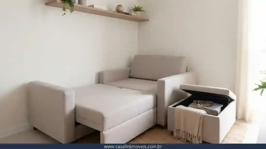 Exemplo de um sofá-cama aberto e um puff-baú aberto em uma sala pequena, demonstrando armazenamento e versatilidade.
