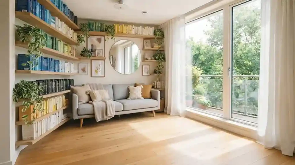 Parede estreita de sala pequena aproveitada com prateleiras flutuantes de madeira clara quase até o teto, com livros, plantas pendentes e quadros decorativos.