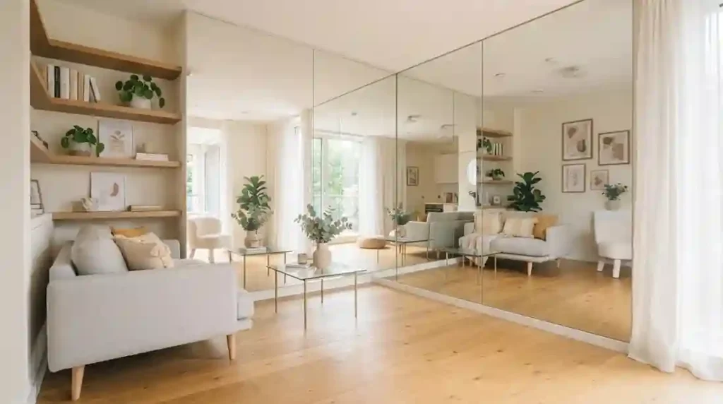 Sala de estar pequena com painel de espelho do chão ao teto na parede principal, refletindo o sofá cinza, prateleiras e a iluminação do ambiente.
