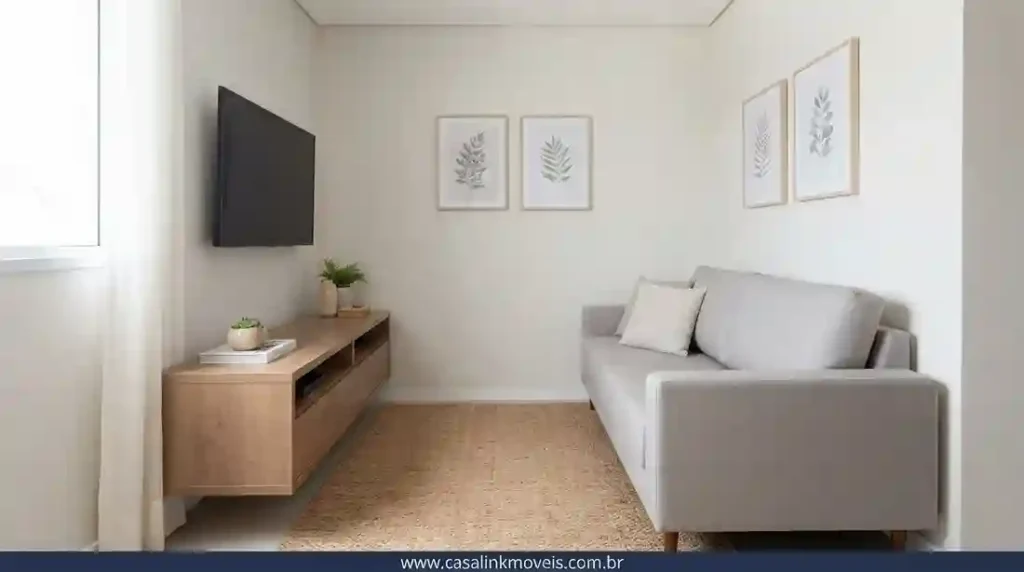 Foco em um sofá de 2 lugares proporcional e um rack baixo em uma sala compacta, garantindo amplo espaço de circulação livre.