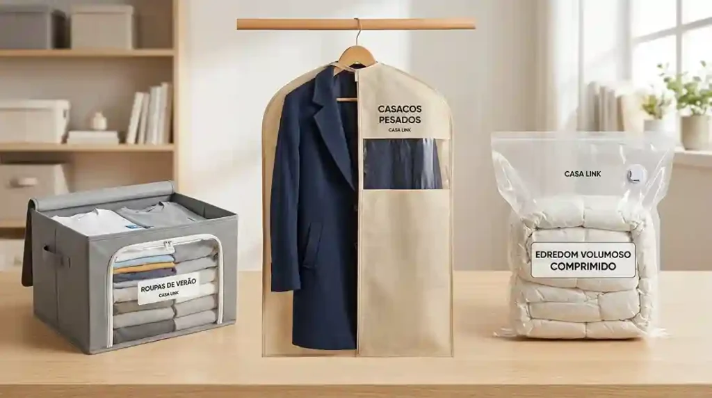 Caixa organizadora, capa respirável e saco a vácuo usados para diferentes formas de armazenamento de roupas de frio.