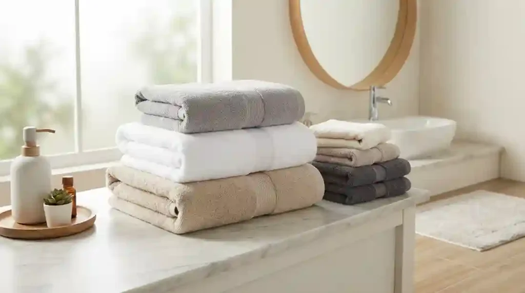 Pilhas de toalhas felpudas em tons neutros como branco, cinza e bege, perfeitamente dobradas sobre uma bancada de mármore em um banheiro claro.