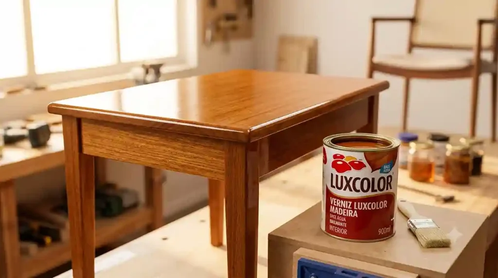 Lata de Verniz Base Água Lukscolor ao lado de uma mesa de madeira restaurada com acabamento brilhante.