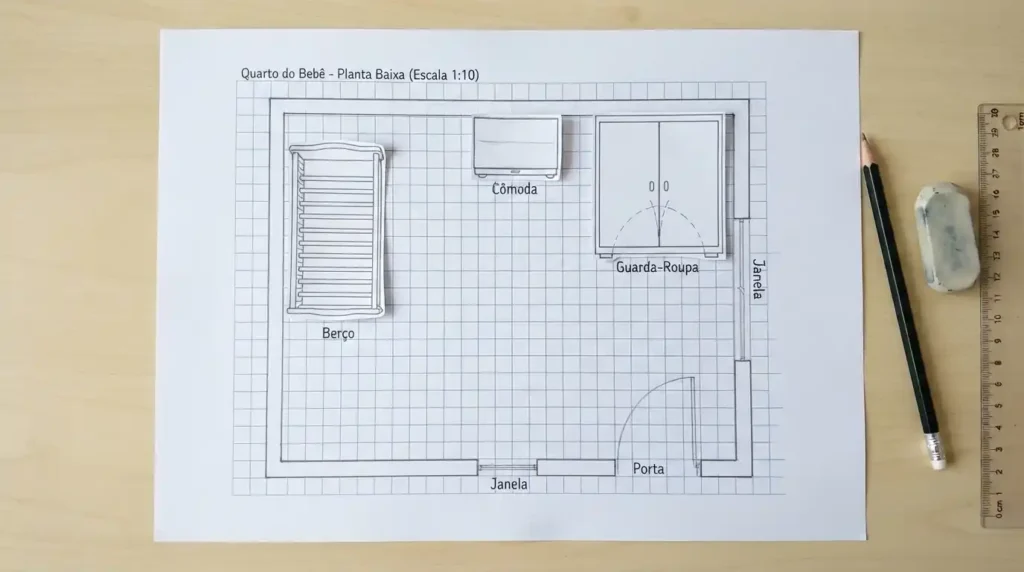 Planta de quarto de bebê em papel quadriculado com posição do berço, cômoda e guarda-roupa