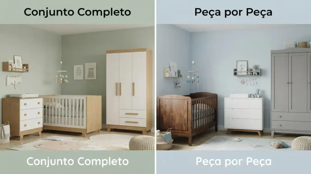 Conjunto pronto de quarto de bebê com berço, cômoda e guarda-roupa da mesma linha em comparação com móveis avulsos