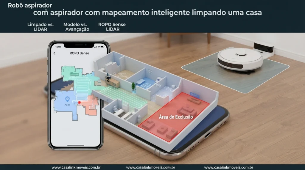Tela de aplicativo móvel mostrando o mapeamento LIDAR 3D gerado pelo robô aspirador ROPO Sense.