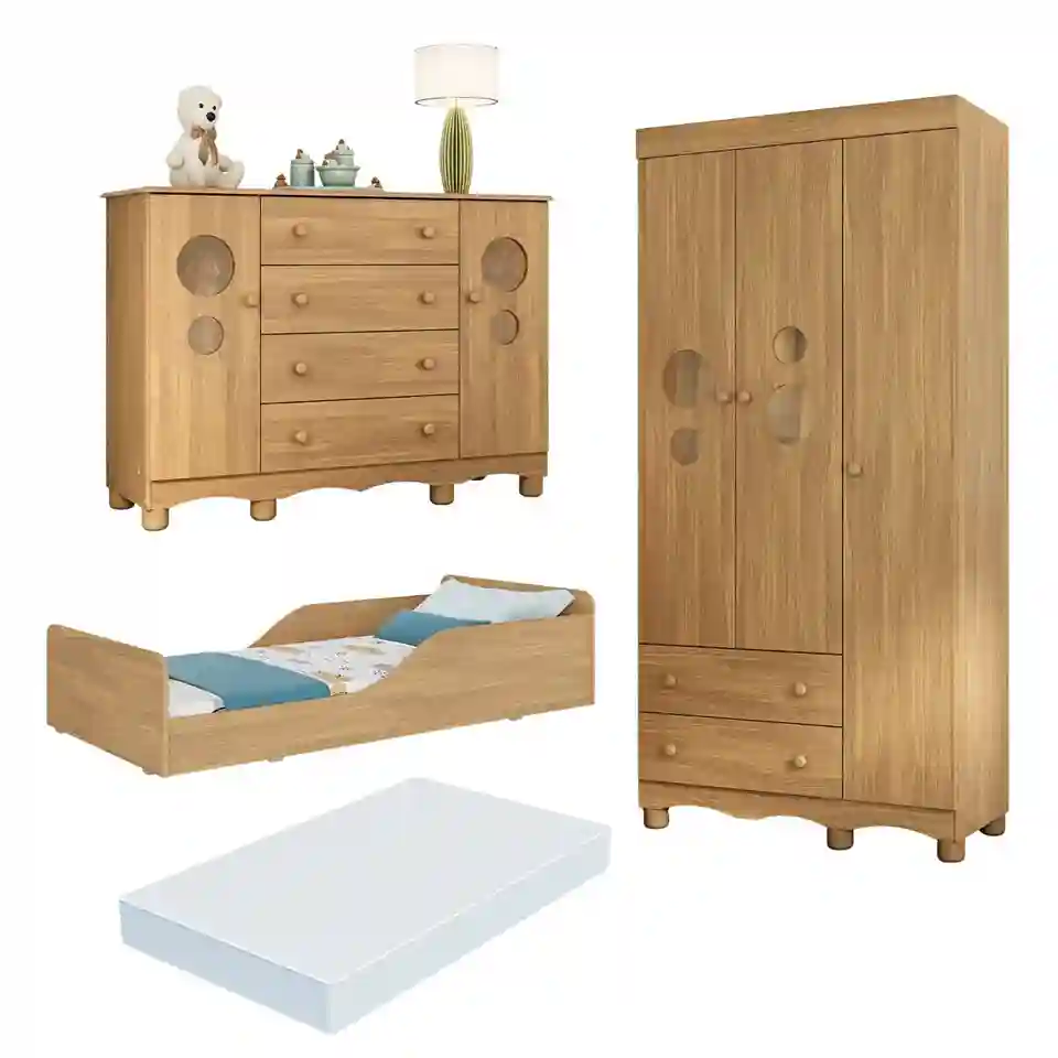 Detalhes da minicama montessoriana, armário e colchão do quarto infantil completo Suspiro Multimóveis