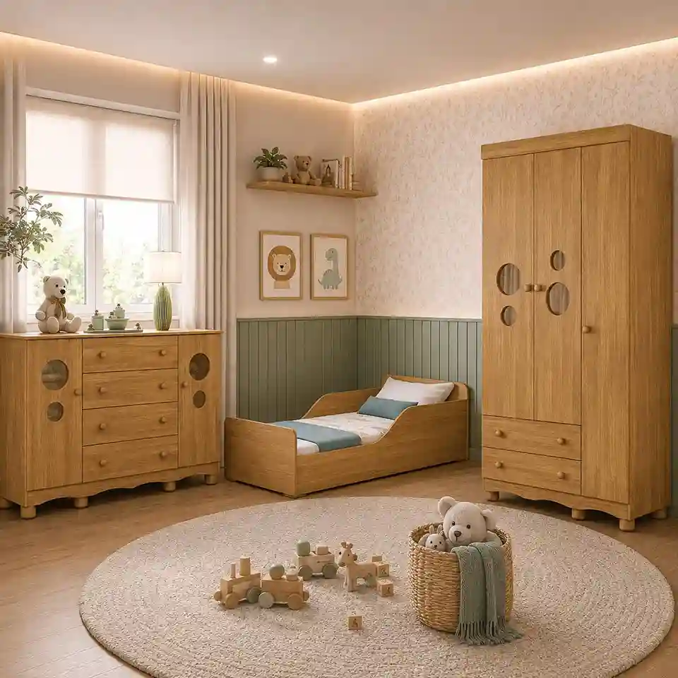 Quarto infantil completo com minicama montessoriana, guarda-roupa e cômoda Multimóveis em acabamento madeirado