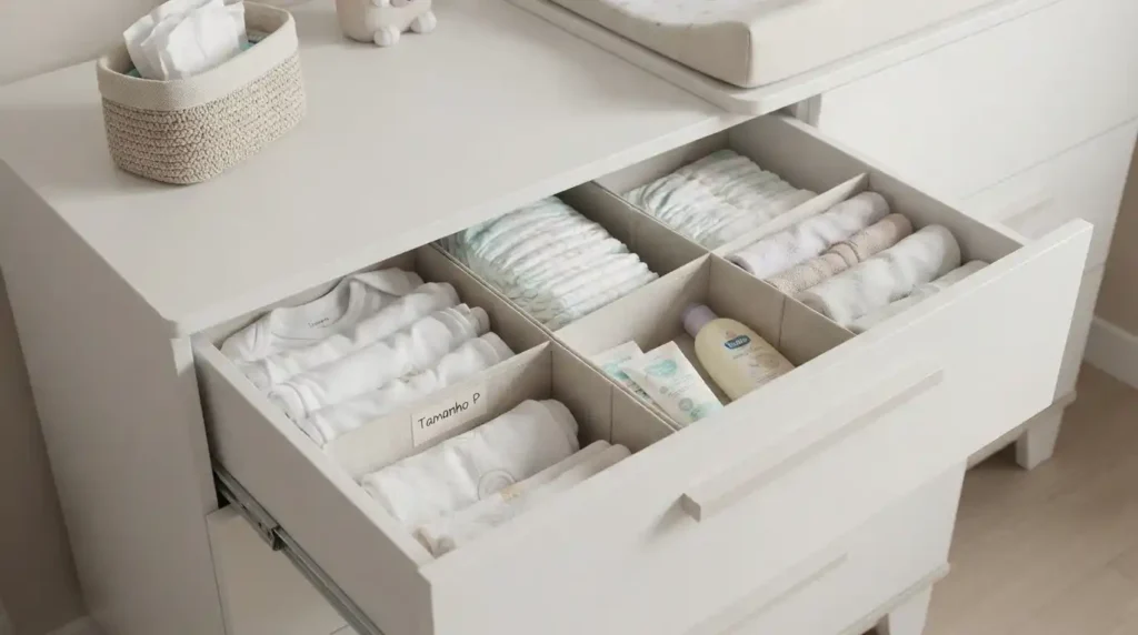 Cômoda de troca de quarto de bebê com organizadores nas gavetas