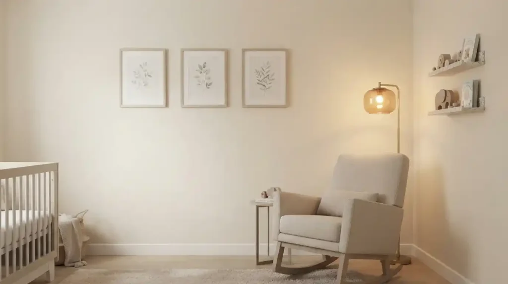 Parede clara e iluminação indireta em quarto de bebê completo