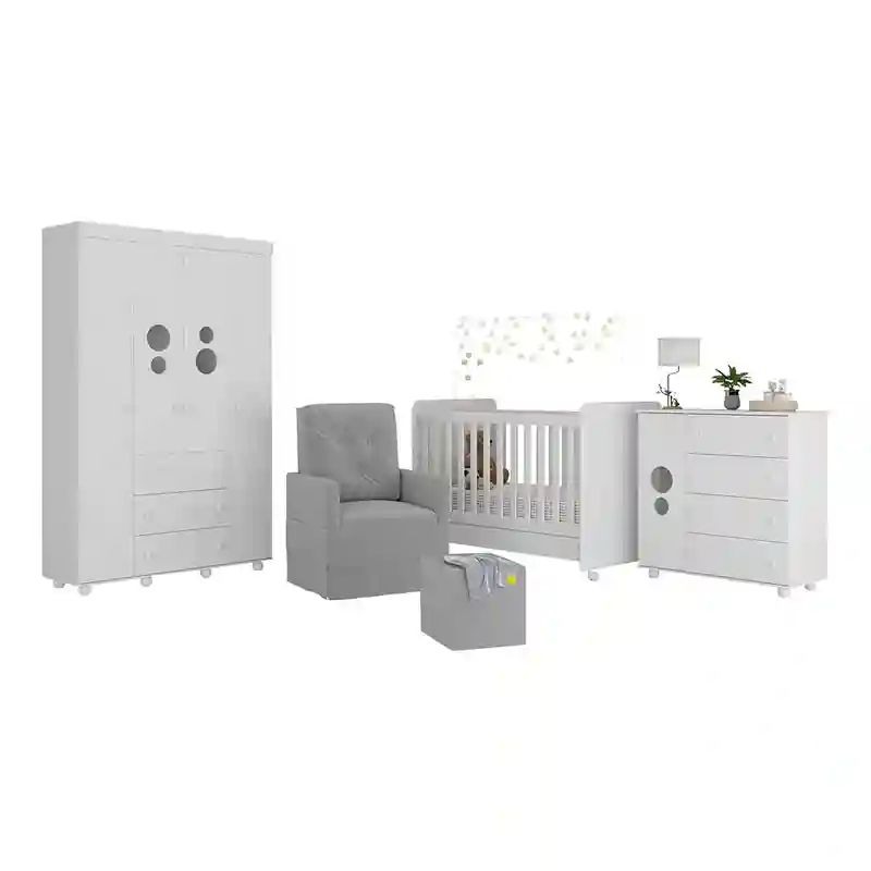 Quarto completo para bebê com berço, guarda-roupa, cômoda e poltrona de amamentação
