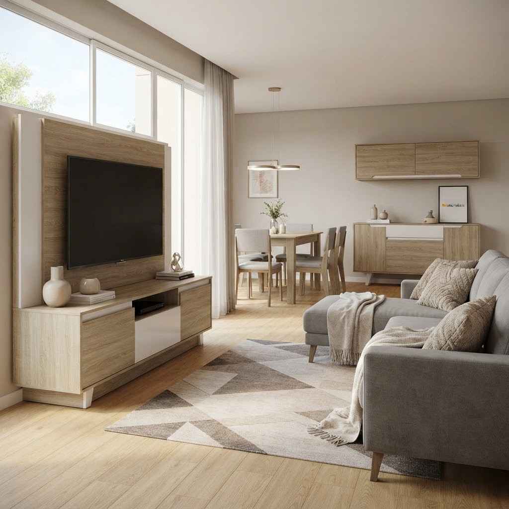 Ambiente moderno e integrado com móveis da Multimóveis, incluindo rack de TV e mesa de jantar
