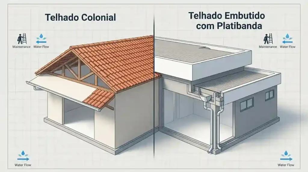 Diagrama técnico comparativo em corte mostrando a estrutura e drenagem de telhado colonial e telhado embutido.