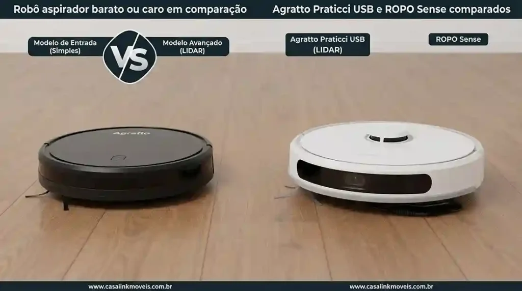 Visão frontal comparativa de um robô aspirador de entrada (Agratto Praticci) e um avançado (ROPO Sense) em um piso de madeira. Legenda: Lado a lado: o modelo compacto de entrada Agratto Praticci USB (esquerda) e o avançado ROPO Sense com LIDAR (direita).