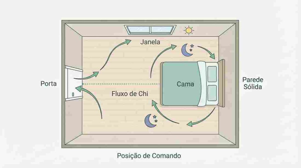 Diagrama ilustrativo de uma planta baixa de quarto, destacando a 'Posição de Comando' da cama, que fica na diagonal oposta à porta, contra uma parede sólida.