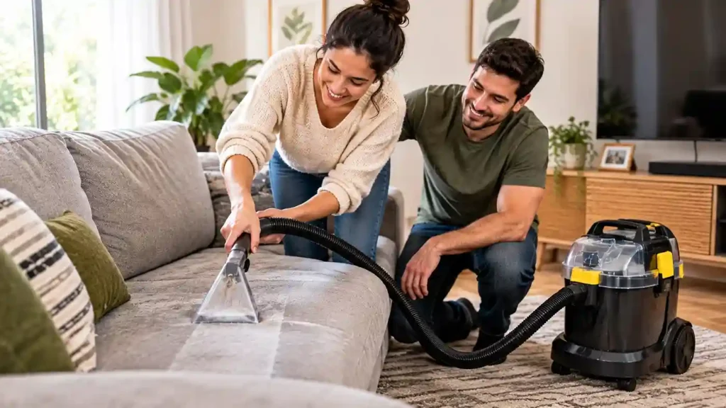 Casal utilizando extratora portátil para limpar e higienizar profundamente o sofá da sala de estar.