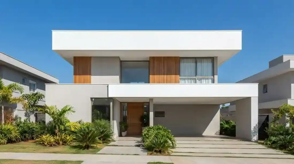 Fachada de casa térrea moderna com linhas retas, platibanda branca e sem beiral visível.