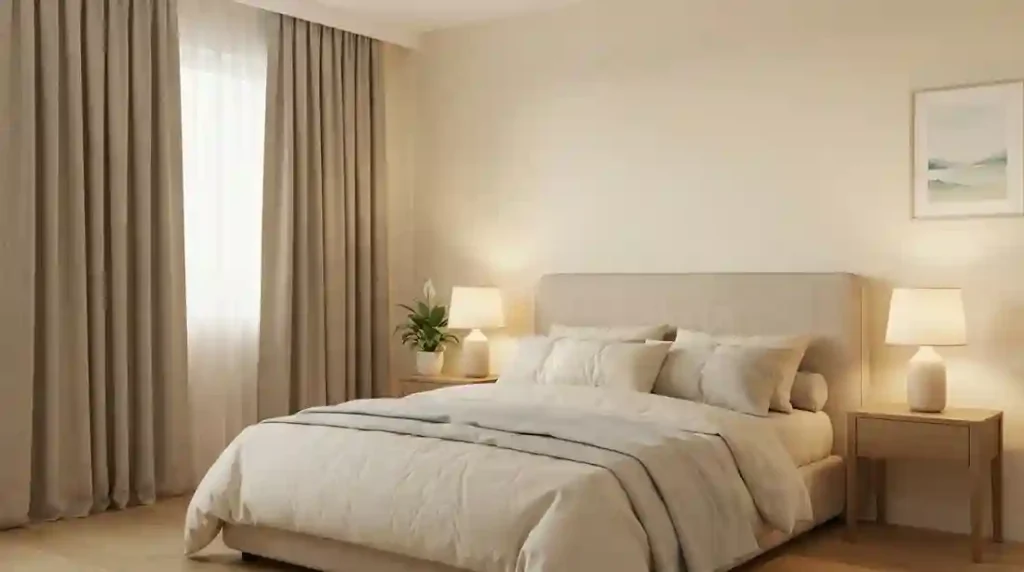 Vista interna de um quarto de casal tranquilo e equilibrado, seguindo os princípios do Feng Shui, com tons neutros, iluminação quente e cabeceira estofada. Feng Shui no Quarto