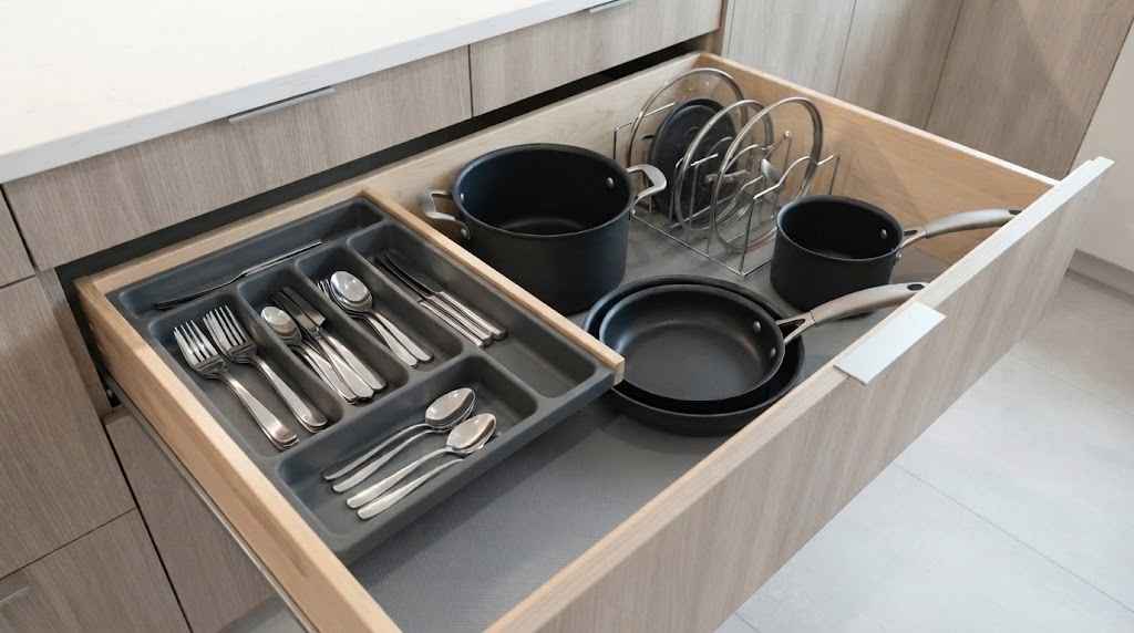 "gavetas organizadas em cozinha planejada com divisor de talheres e panelas"