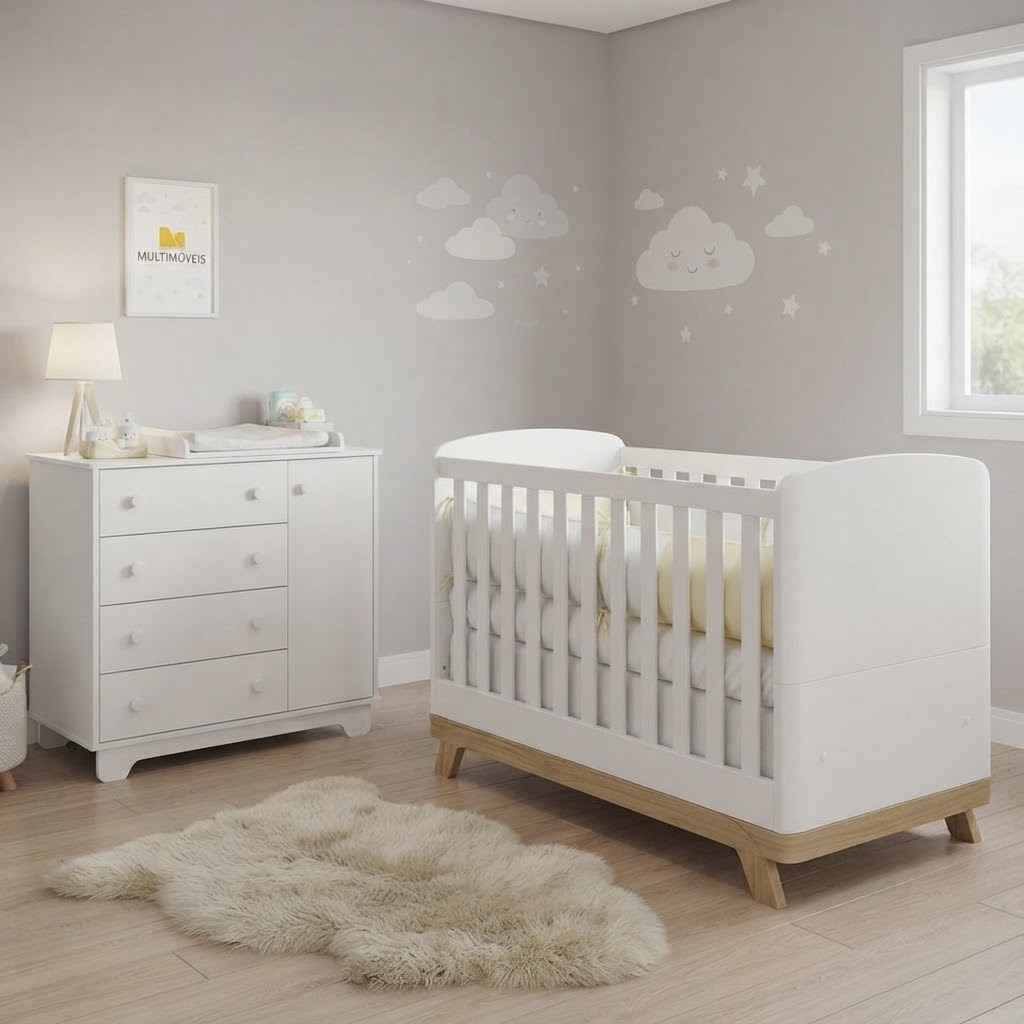 Quarto de bebê decorado com móveis brancos da linha infantil Multimóveis, incluindo berço 3 em 1 e cômoda