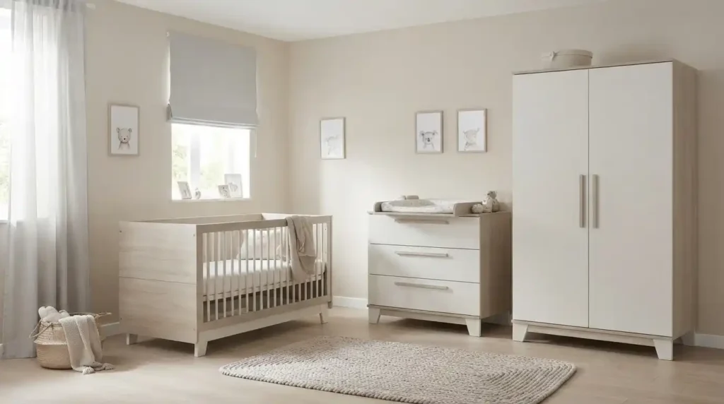Quarto completo de bebê com berço, cômoda e guarda-roupa em tons neutros