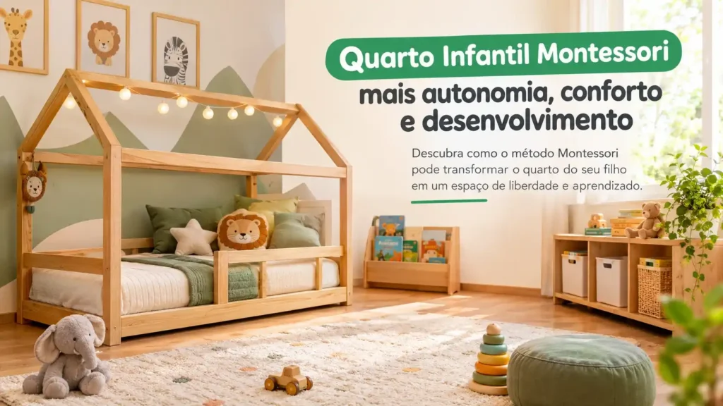 Quarto infantil completo com cama montessoriana de madeira, móveis de organização, brinquedos e decoração em estilo escandinavo