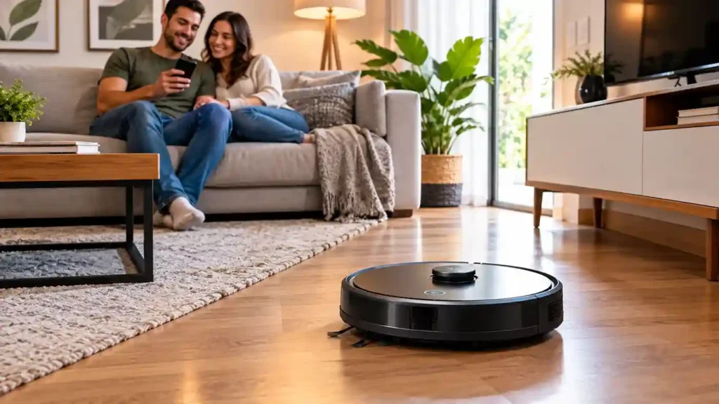 Robô aspirador preto limpa o piso de madeira de uma sala de estar moderna enquanto um casal descansa no sofá ao fundo.
