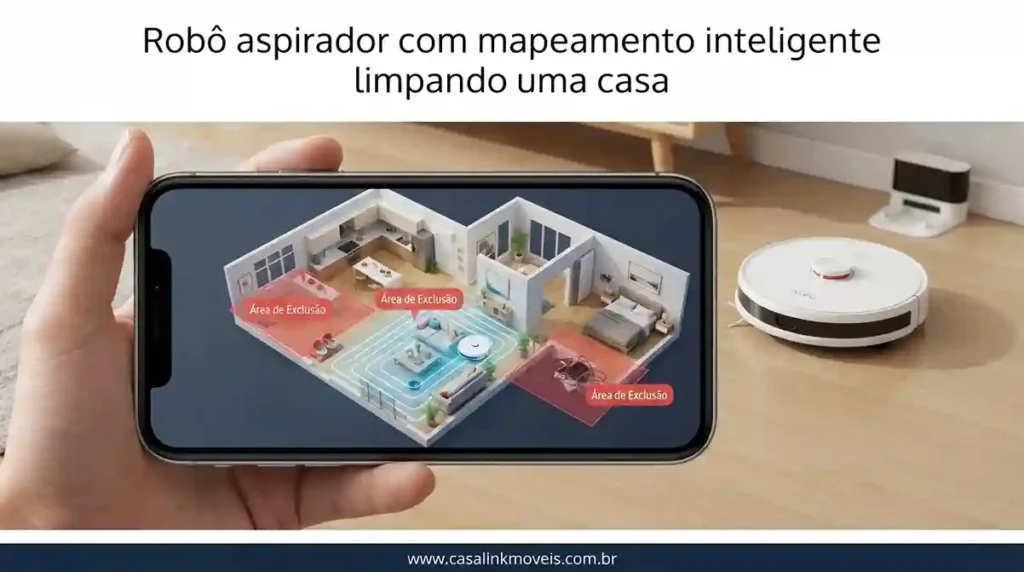Robô aspirador com mapeamento inteligente limpando uma casa.