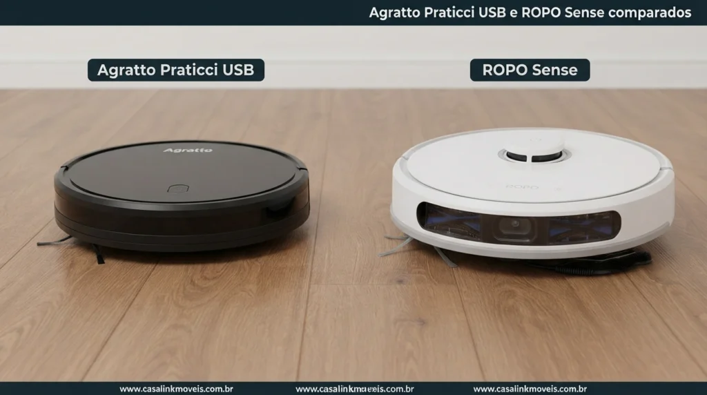 Imagem individualizada dos robôs aspiradores Agratto Praticci USB e ROPO Sense para identificação dos modelos. robô aspirador barato ou caro