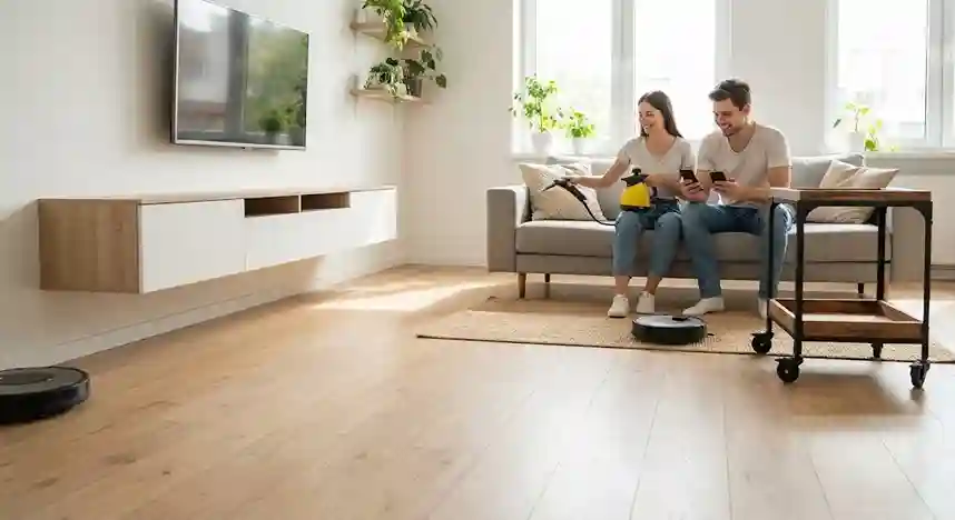 Sala de estar moderna com piso de madeira claro, rack suspenso na parede, móvel com rodízios e robô aspirador no chão.