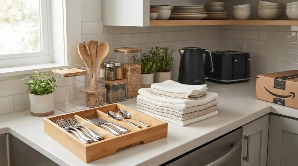Utilidades de cozinha e cama e banho comprados na Amazon